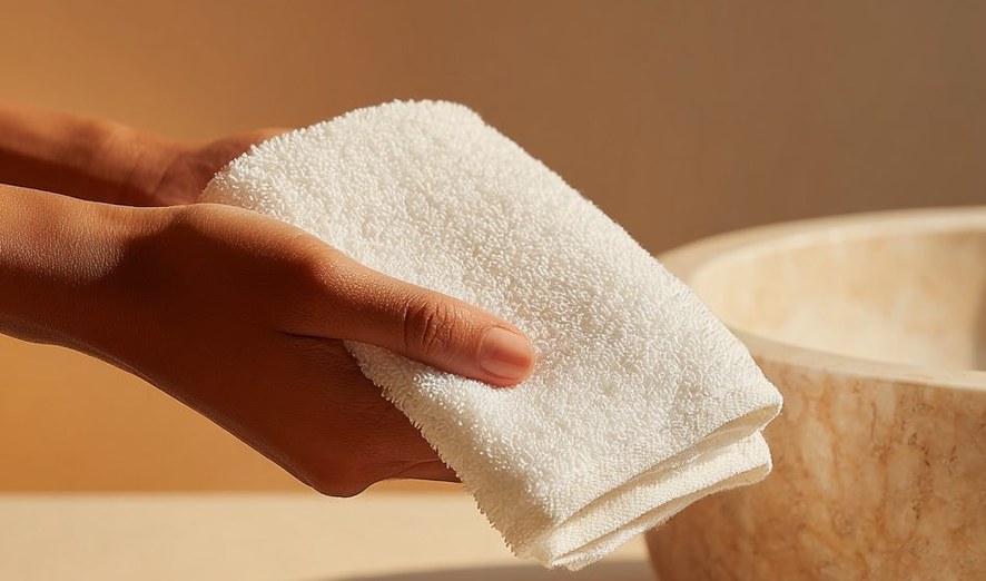 Hand holding a folded white towel beside a stone basin