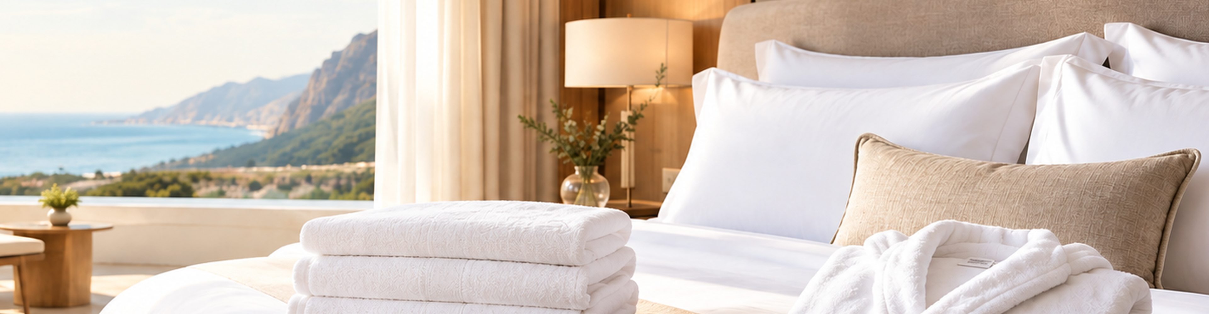 Hotel bed with white linens overlooking the sea