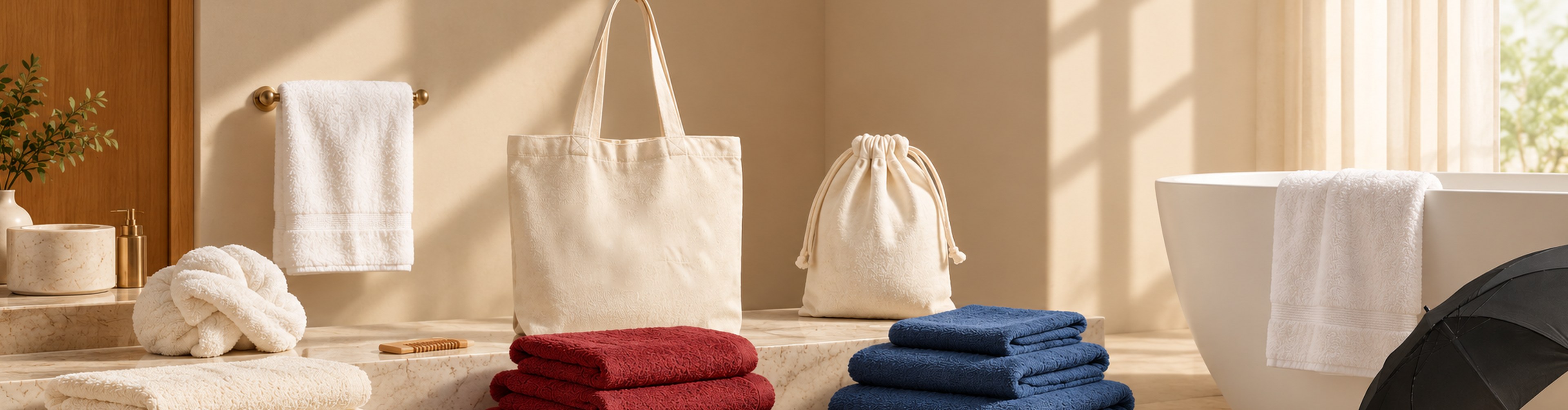 Folded towels and robes in a sunlit hotel room