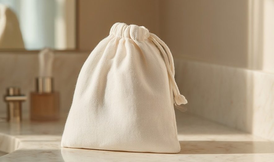 Cream drawstring bag on a vanity