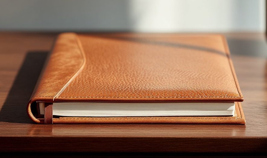 Leather-bound catalog on a desk