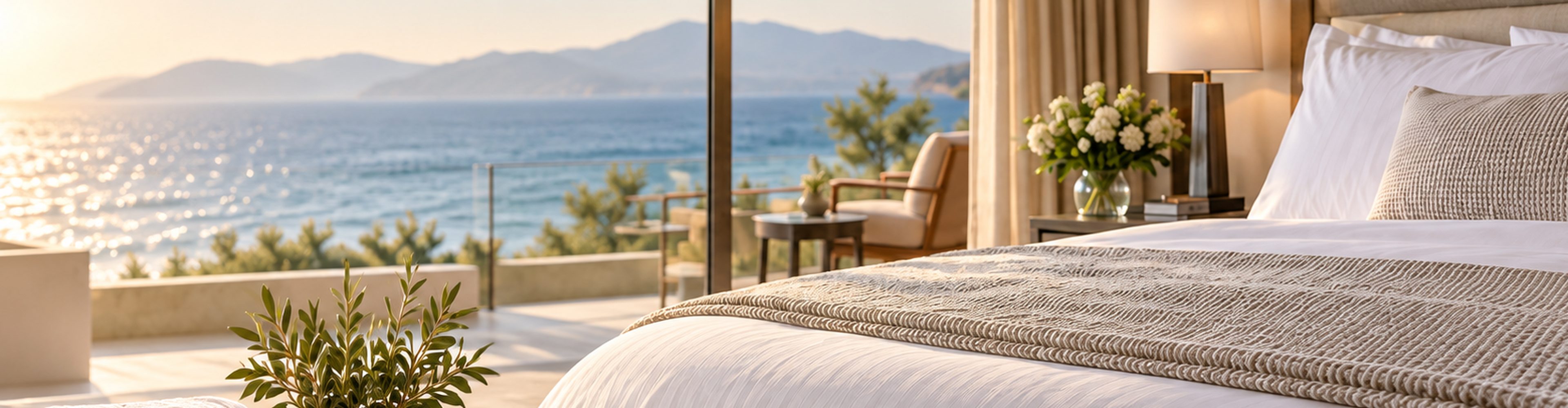 Hotel bedroom overlooking the sea at sunset