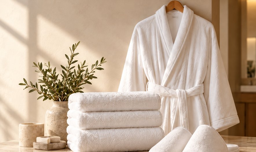 White bathrobe hanging beside folded towels and an olive branch