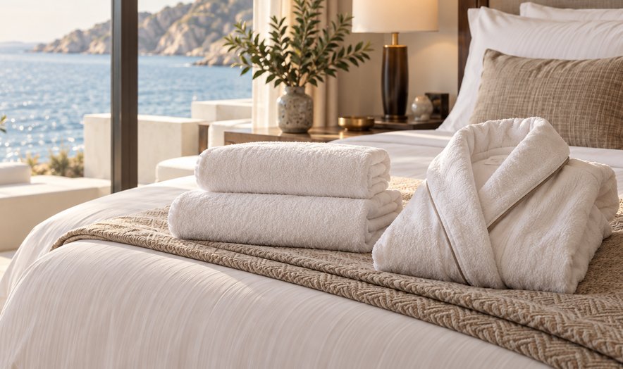 Folded towels and a robe on a bed overlooking the sea