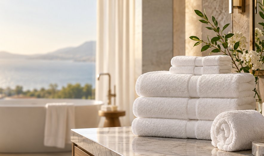 Stacked white towels by a window overlooking the sea