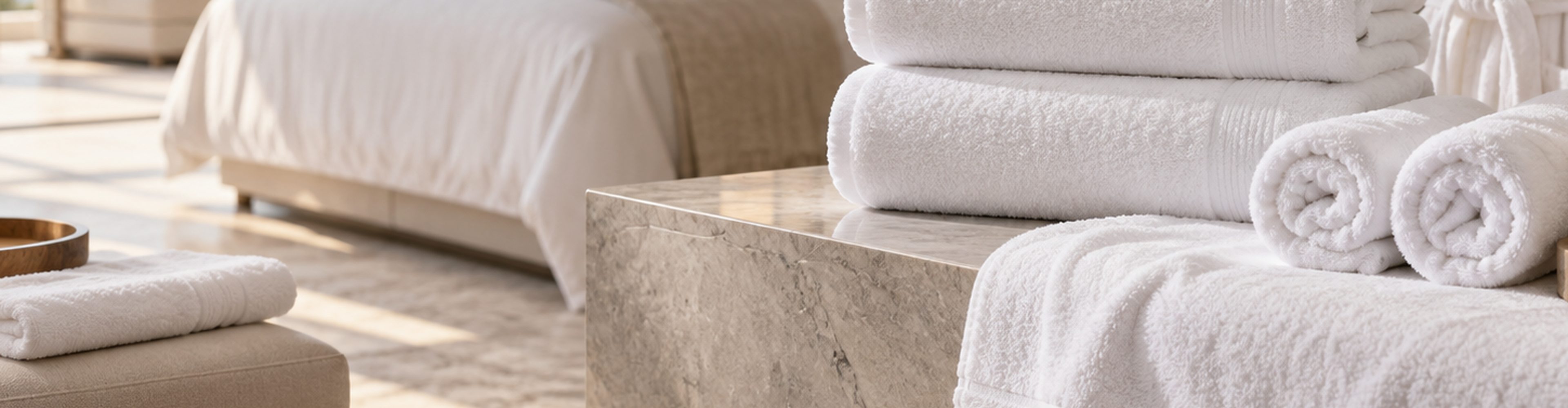 Stacked white towels in a hotel bathroom