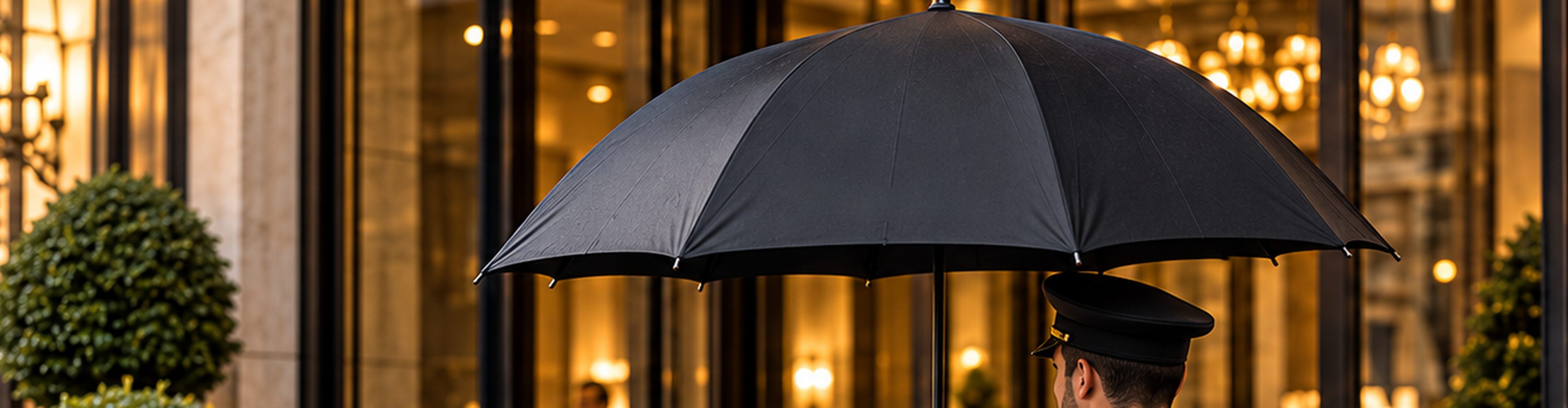 Doorman holding a black umbrella at a hotel entrance