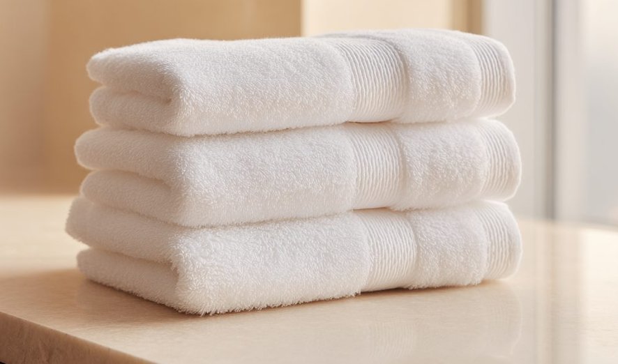 Folded white towels in a guest room
